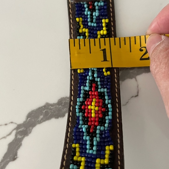 J Crew Native American Beaded Leather Belt Brass Buckle Blue Red Yellow Beads - Picture 11 of 12